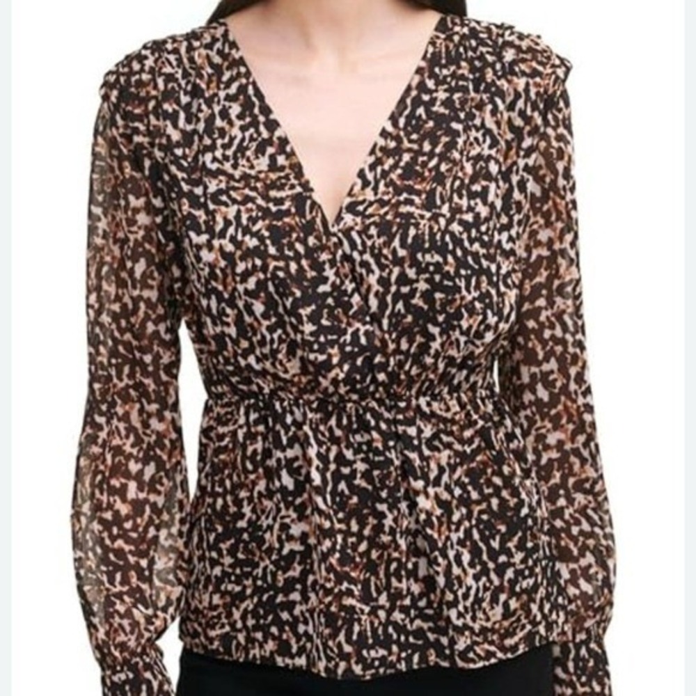 DKNY Womens Abstract Animal Print Wrap‎ V-Neck Peplum Blouse Black Tan XS